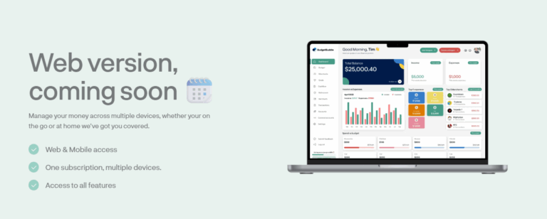 BudgetBuddie 'Web version, coming soon' promo with laptop showing budget dashboard